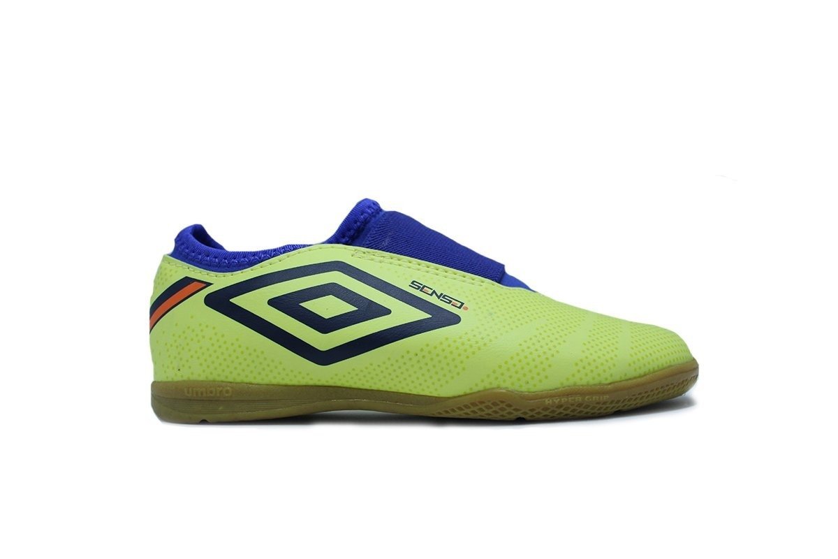 Chuteira futsal/indoor Umbro Sense Kids infantil - unissex - amarelo e azul