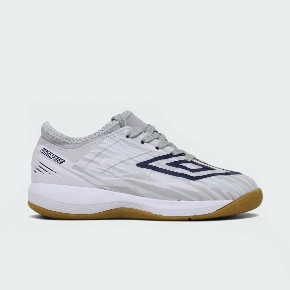 Chuteira futsal Umbro Ultimate infantil - unissex - cinza e branco