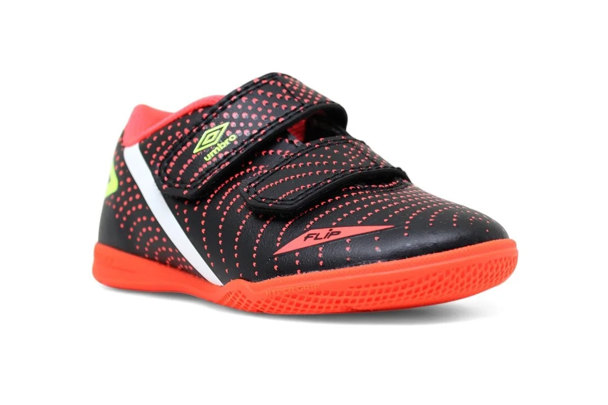 Chuteira Futsal Umbro Flip Infantil - unissex - preto e coral Vermelho 2
