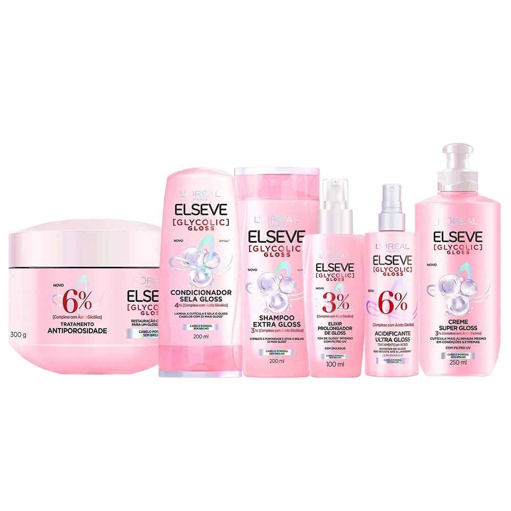 Elseve Glycolic Gloss Kit - Shampoo + Condicionador + Creme Super + Sérum + Tratamento + Creme Antiporosidade