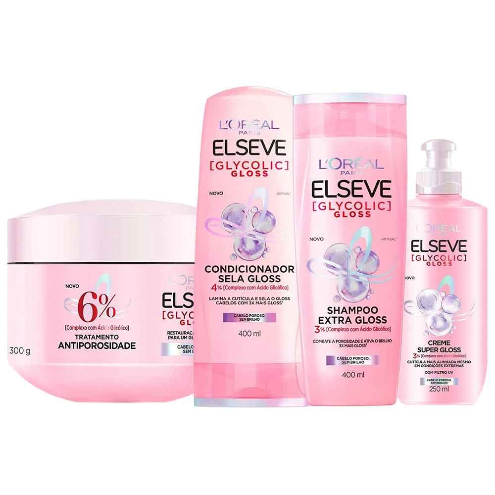 Elseve Glycolic Gloss Kit - Shampoo + Condicionador + Creme de Tratamento + Creme Super Gloss ÚNICO 1