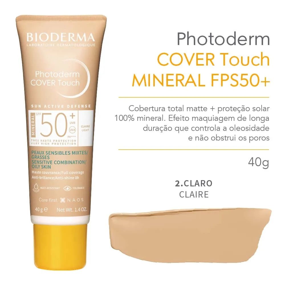 Bioderma Photoderm Cover Touch Kit com 2 Unidades – Protetor Solar Facial com Cor FPS50+ – Claro 40ml Claro 3