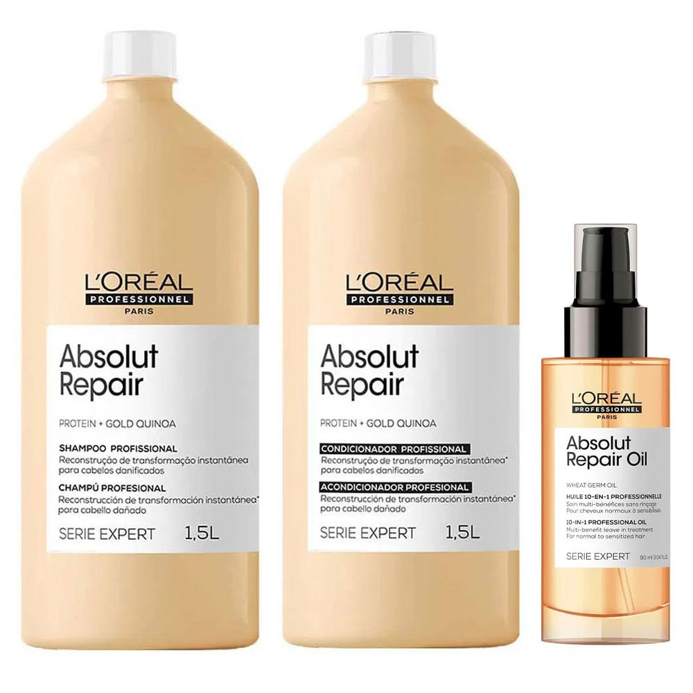 L'Oréal Professionnel Absolut Repair Kit – Shampoo + Condicionador + Óleo Capilar ÚNICO 1