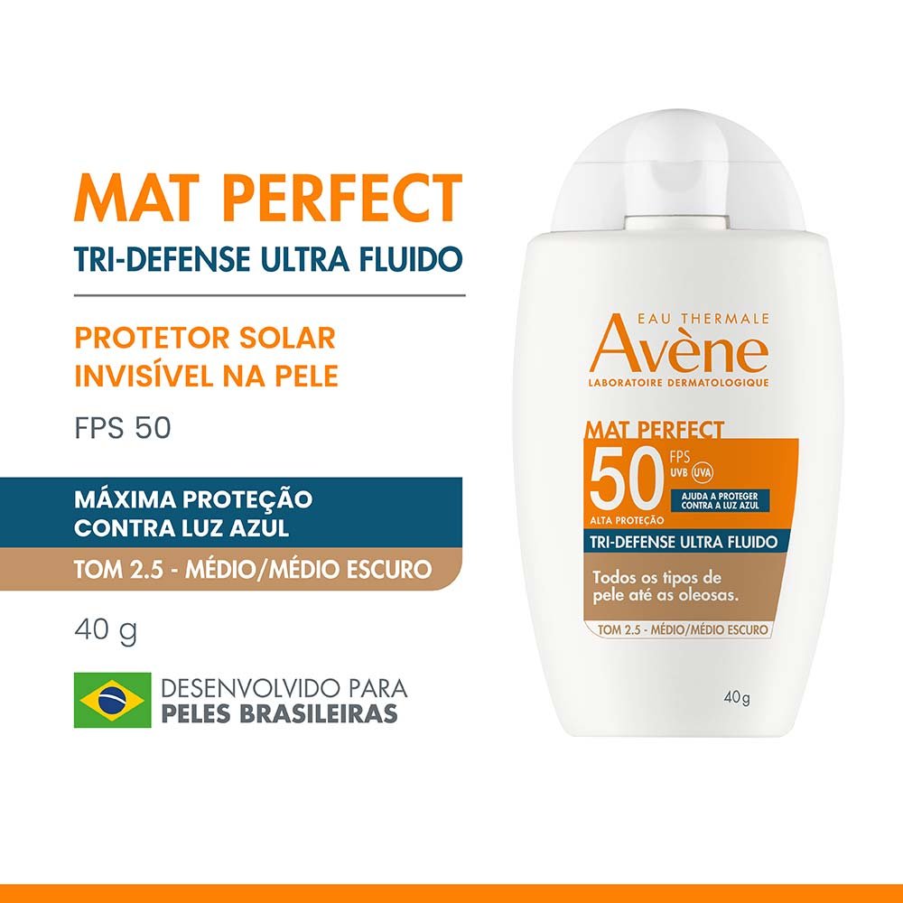 Protetor Solar Facial Com Cor Avène Mat Perfect Tri-Defense Ultra Fluido FPS 50 2.5 Médio Escuro 3