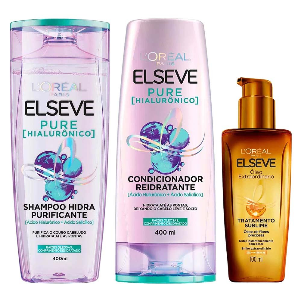 Elseve Pure Hialurônico Kit – Shampoo + Condicionador + Óleo Extraordinário ÚNICO 1
