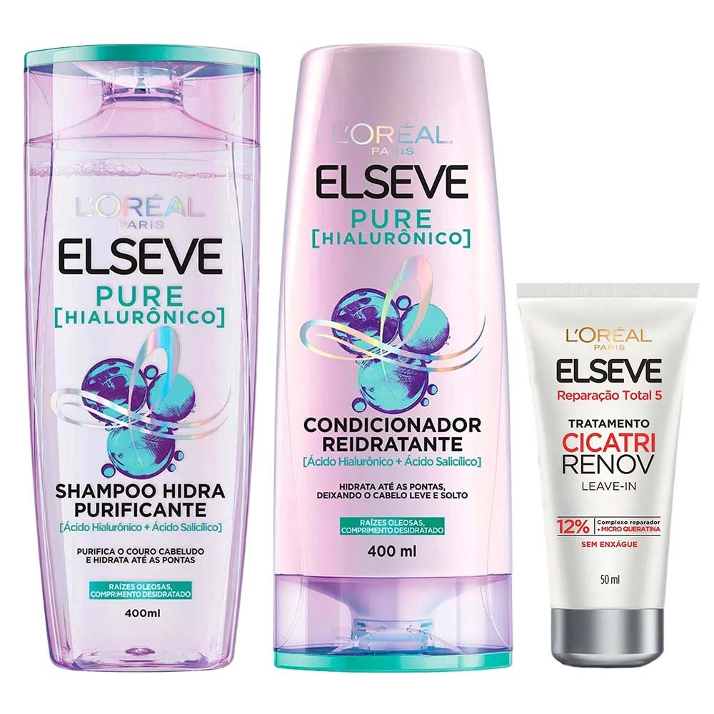 Elseve Pure Hialurônico Kit – Shampoo + Condicionador + Leave In Tratamento Cicatri Renov ÚNICO 1