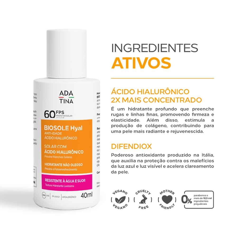 Protetor Solar Ada Tina Biosole Hyal FPS 60 40ml 5