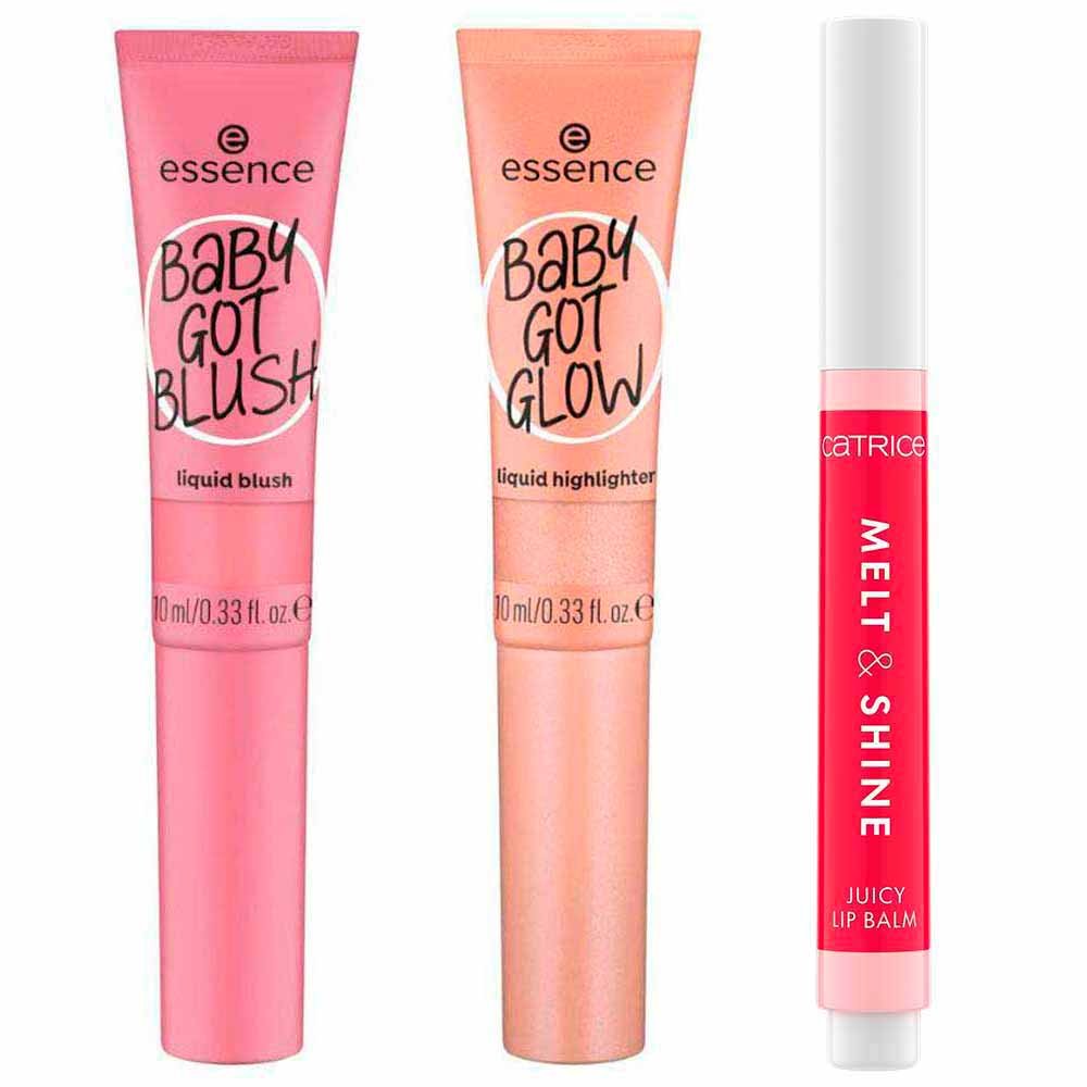 Essence + Catrice Kit - Blush + Iluminador + Balm Labial