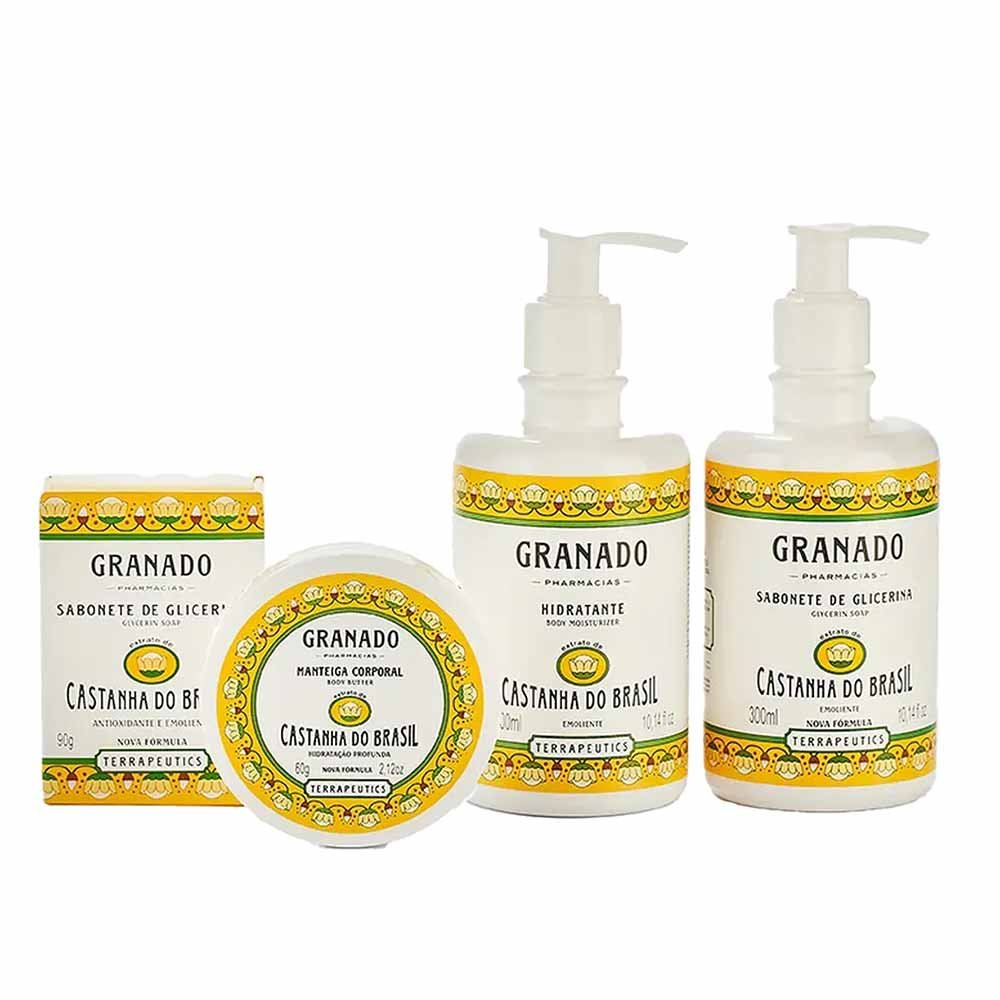 Kit Granado Terrapeutics Castanha Sabonte em Barra+ Sabonete Líquido + Hidratante Corporal + Manteiga Corporal + Lata Decorativa