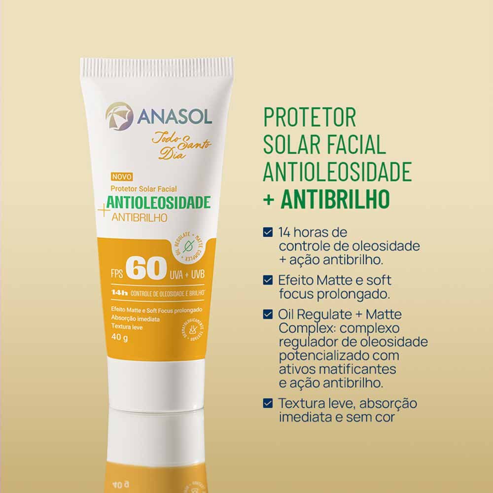 Protetor Solar Facial Anasol Antioleosidade Anti Brilho FPS 60 40g 2