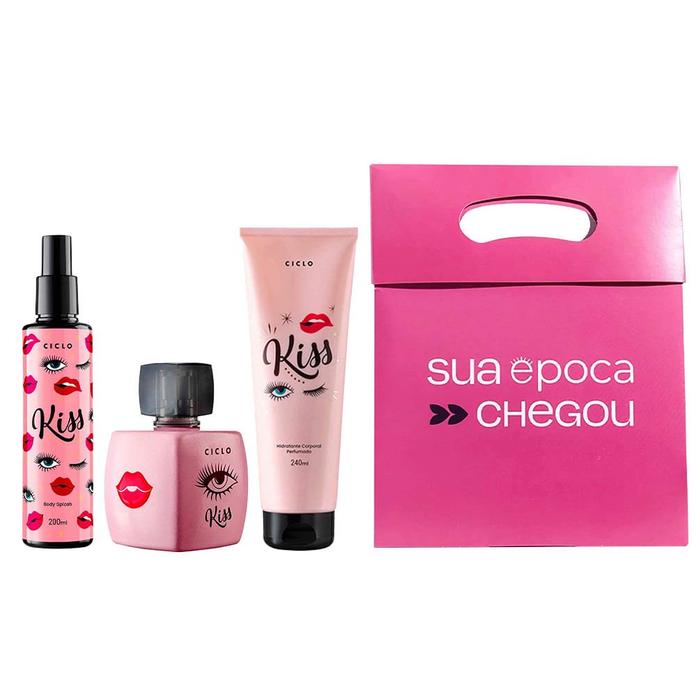 Kiss Ciclo Cosméticos Kit Presente de Natal - Perfume Feminino + Body Splash + Loção Hidratante + Sacola Presenteável