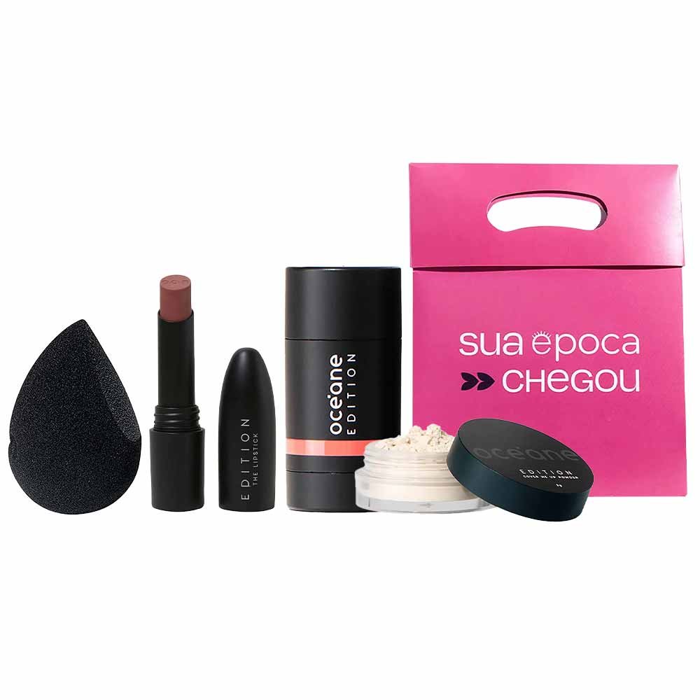 Kit de Natal Oceane – Batom + Blush + Pó Solto + Esponja + Sacola Presenteável
