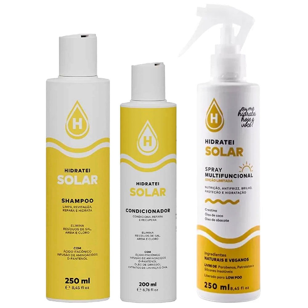 Hidratei Solar Kit – Shampoo + Condicionador + Spray Multiuso