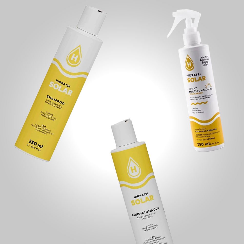 Hidratei Solar Kit – Shampoo + Condicionador + Spray Multiuso ÚNICO 2