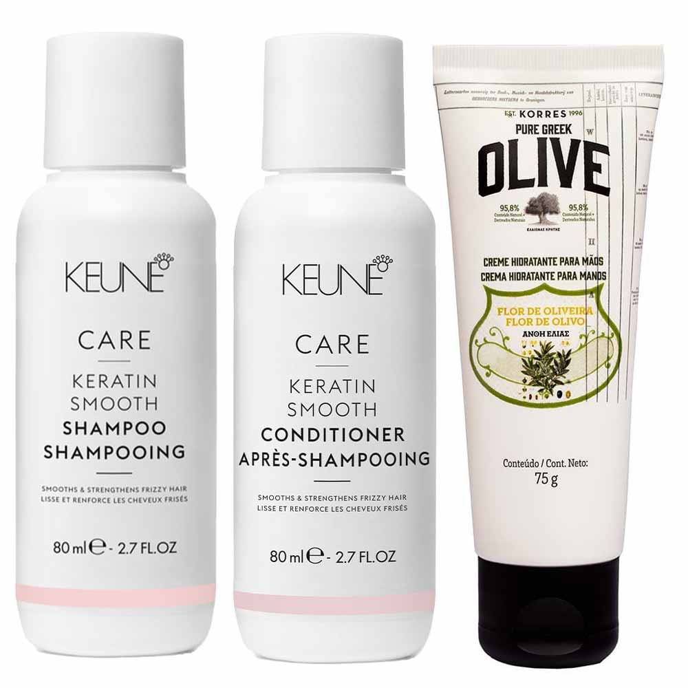 Keune & Korres Kit – Shampoo + Condicionador + Creme Hidratante para Mãos Flor de Oliveira