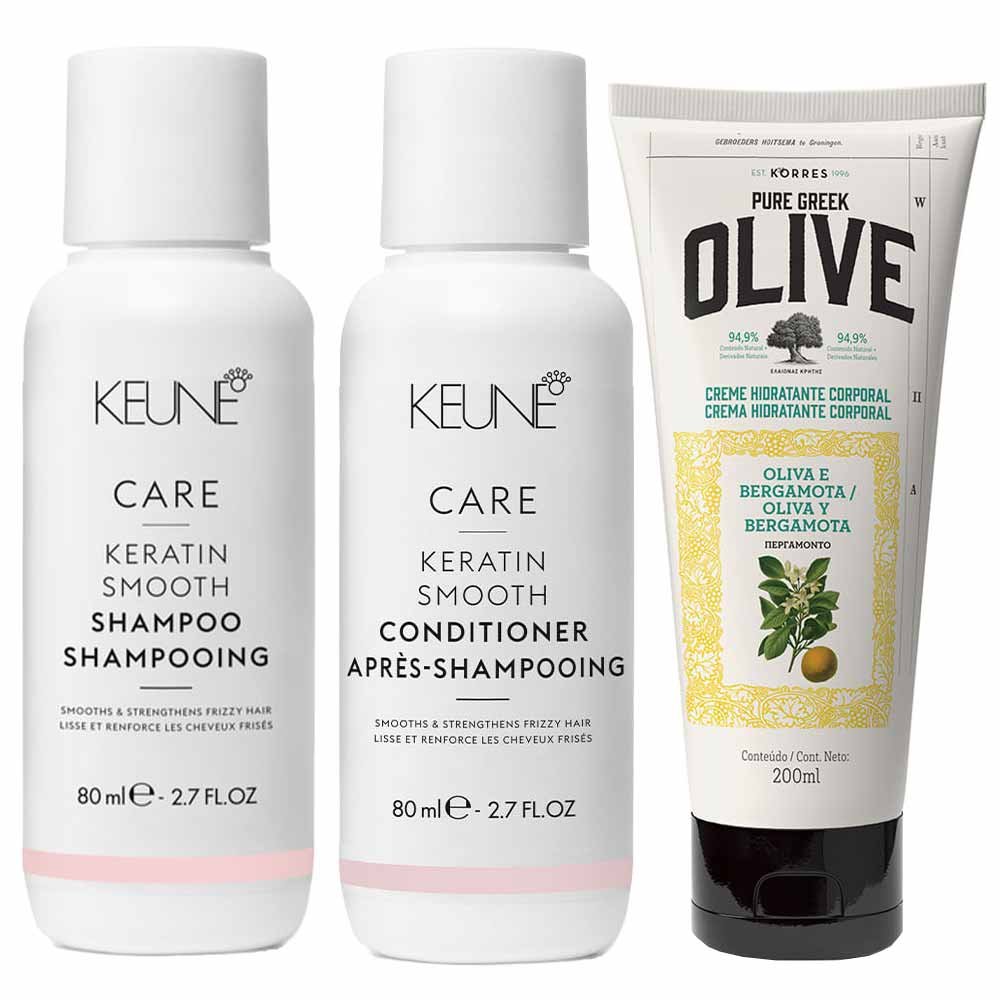 Keune & Korres Kit – Shampoo + Condicionador + Creme Hidratante Corporal Óleo de Oliva e Bergamota