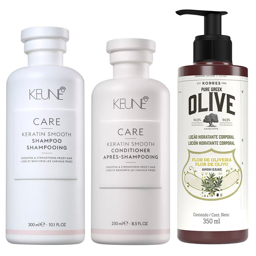 Keune & Korres Kit – Shampoo + Condicionador + Loção Hidratante Corporal Flor de Oliveira