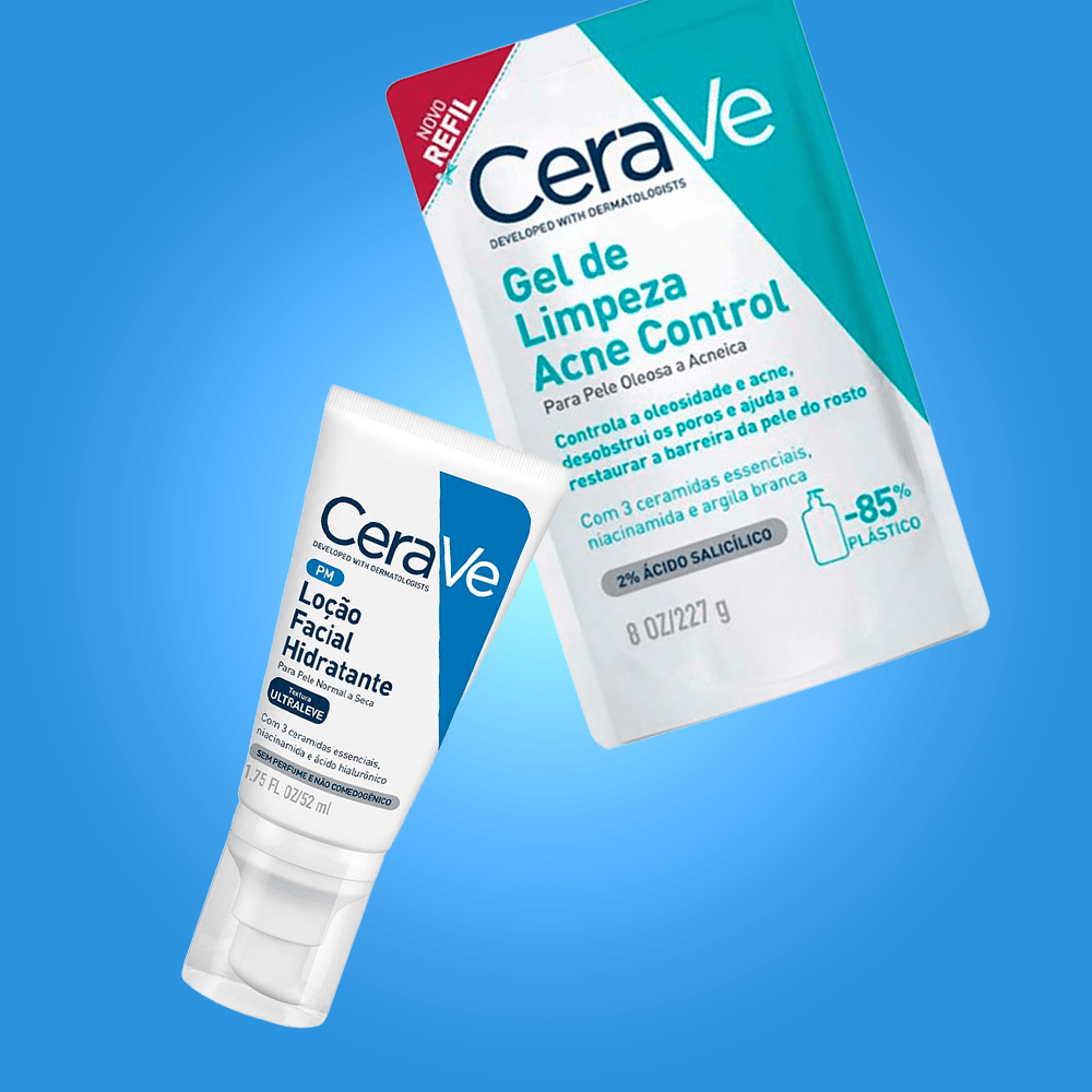 Kit CeraVe Tratamento de Acne: Gel de Limpeza Refil + Hidratante Facial ÚNICO 3