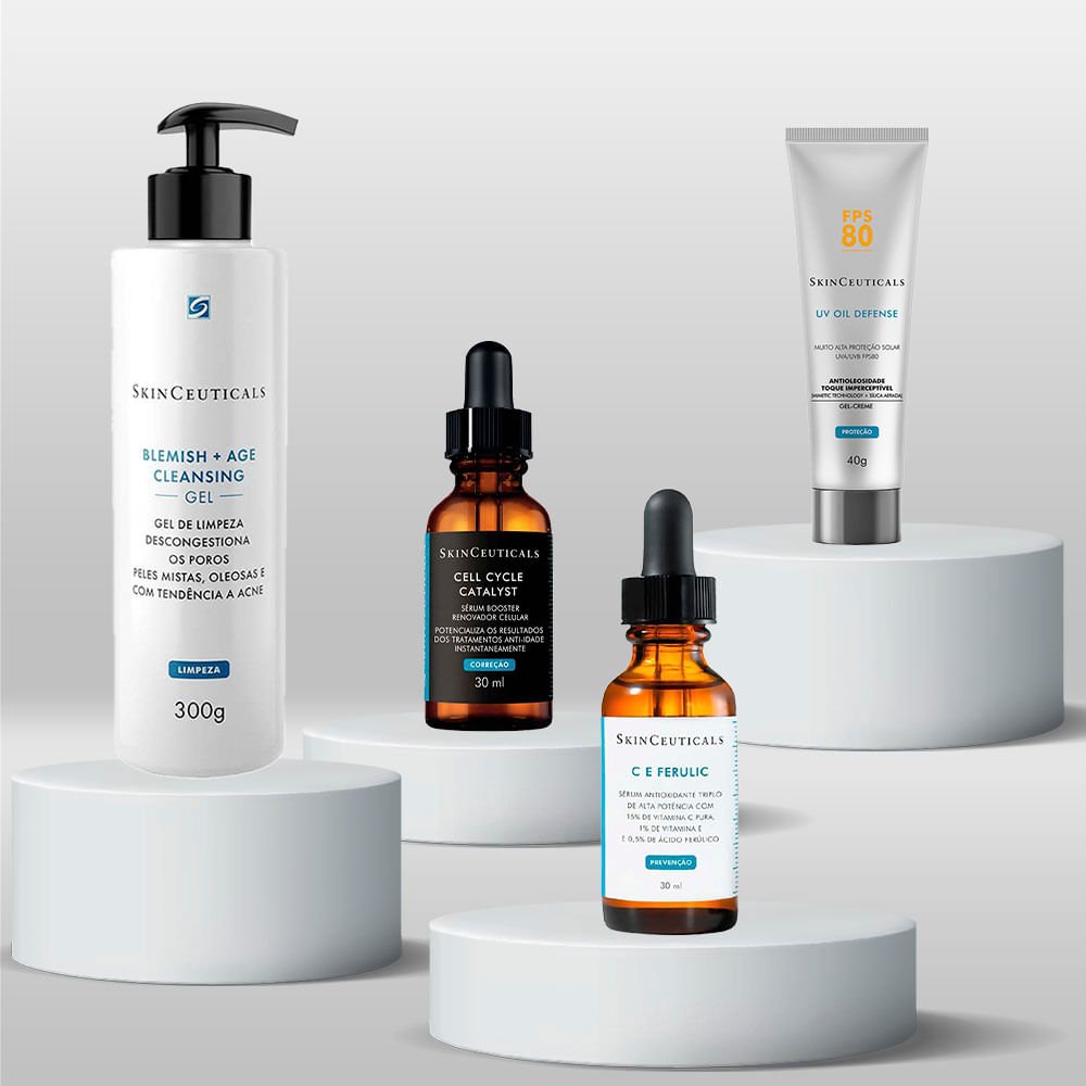 Kit SkinCeuticals Renovação Celular - Gel de Limpeza + Cell Cycle Catalyst + C E Ferulic + UV Oil Defense FPS 80 ÚNICO 2