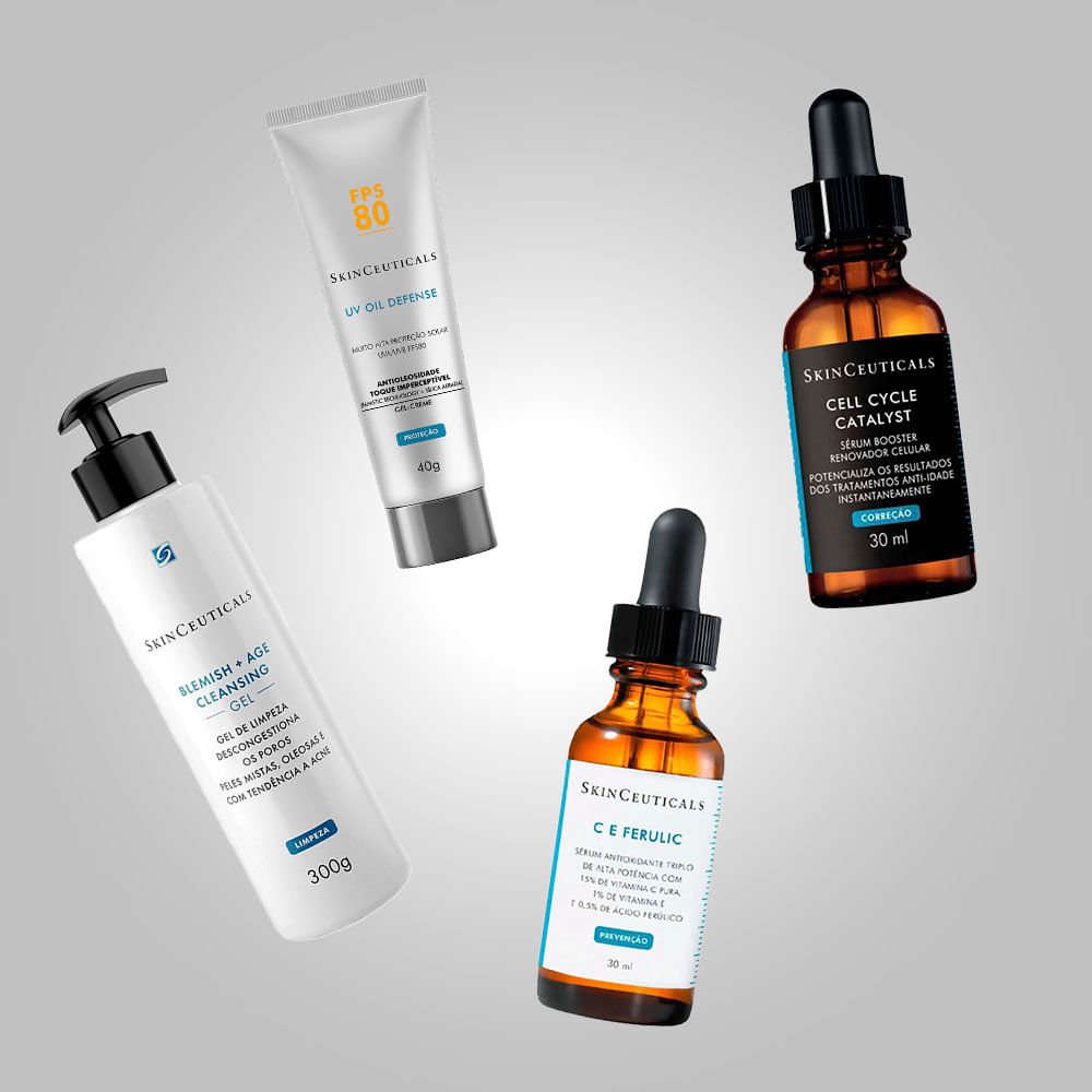 Kit SkinCeuticals Renovação Celular - Gel de Limpeza + Cell Cycle Catalyst + C E Ferulic + UV Oil Defense FPS 80 ÚNICO 3
