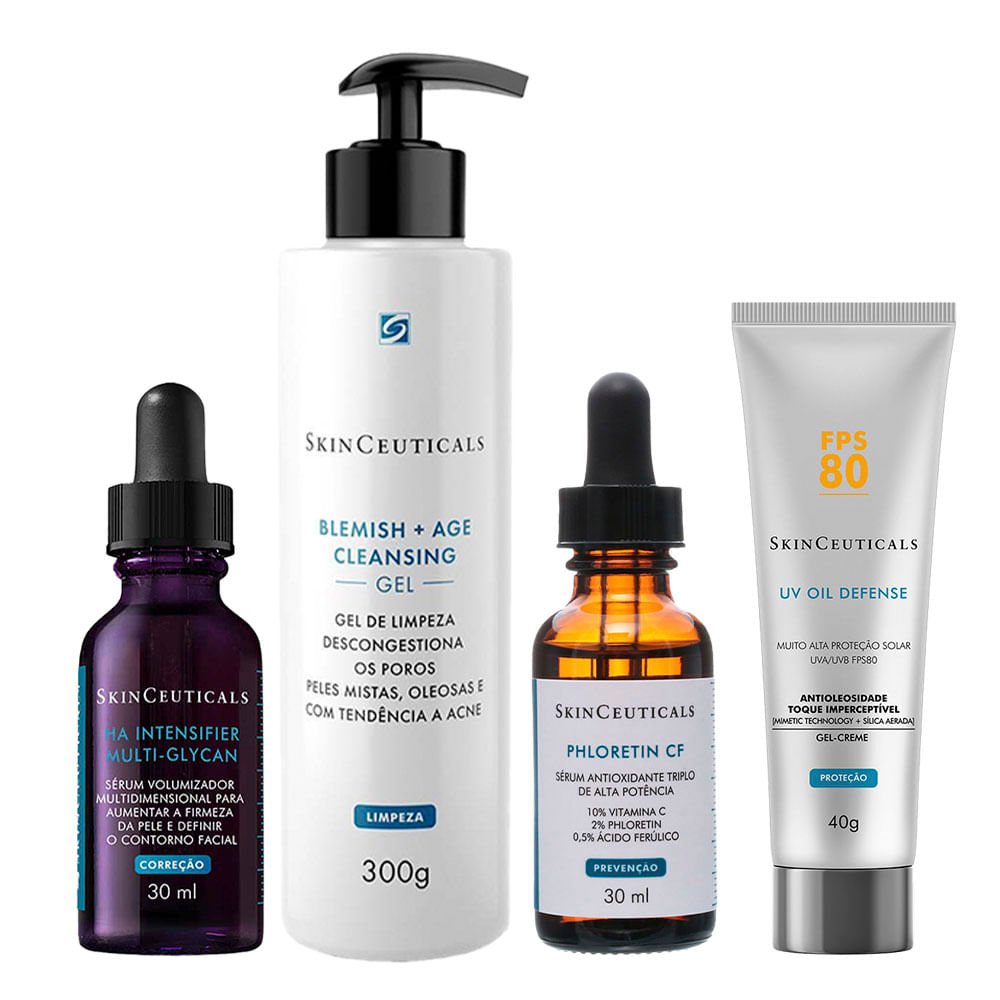 Kit SkinCeuticals Anti-idade e Oleosidade - Gel de Limpeza + Phloretin CF + H.A. Intensifier + Protetor FPS 80
