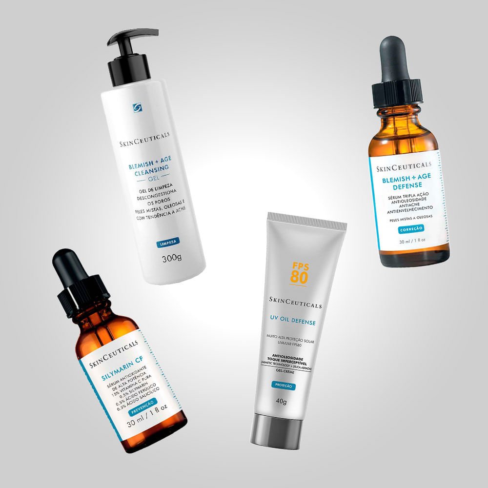 Kit SkinCeuticals Antiacne e Oleosidade - Gel de Limpeza + Silymarin CF + BAge Defense + UV Oil Defense FPS 80 ÚNICO 3