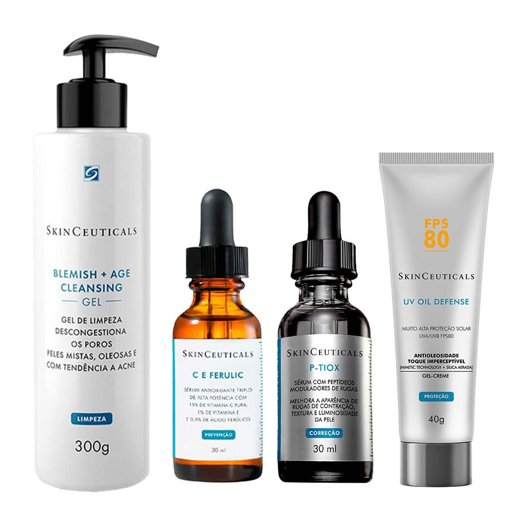 Kit SkinCeuticals Rugas e Linhas: Gel de Limpeza + Sérum C E Ferulic + P-Tiox + Protetor FPS 80 ÚNICO 1
