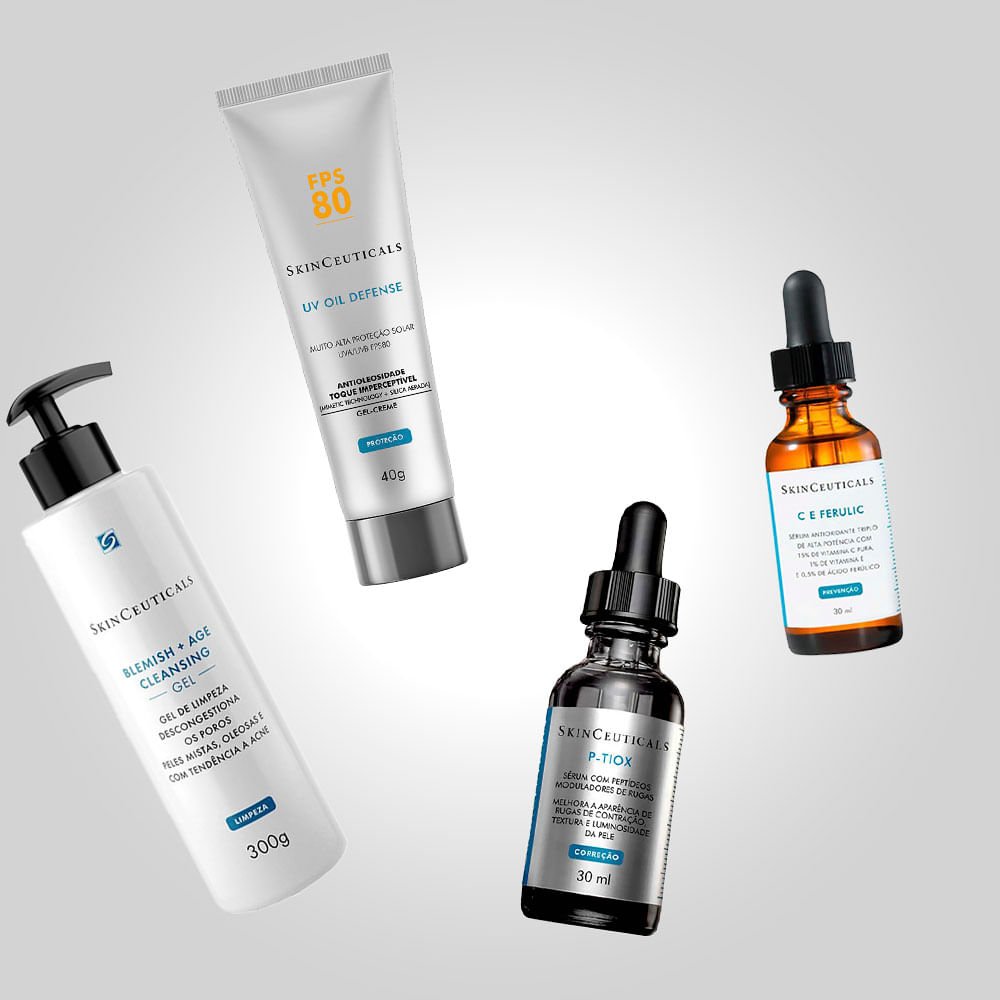 Kit SkinCeuticals Rugas e Linhas: Gel de Limpeza + Sérum C E Ferulic + P-Tiox + Protetor FPS 80 ÚNICO 3
