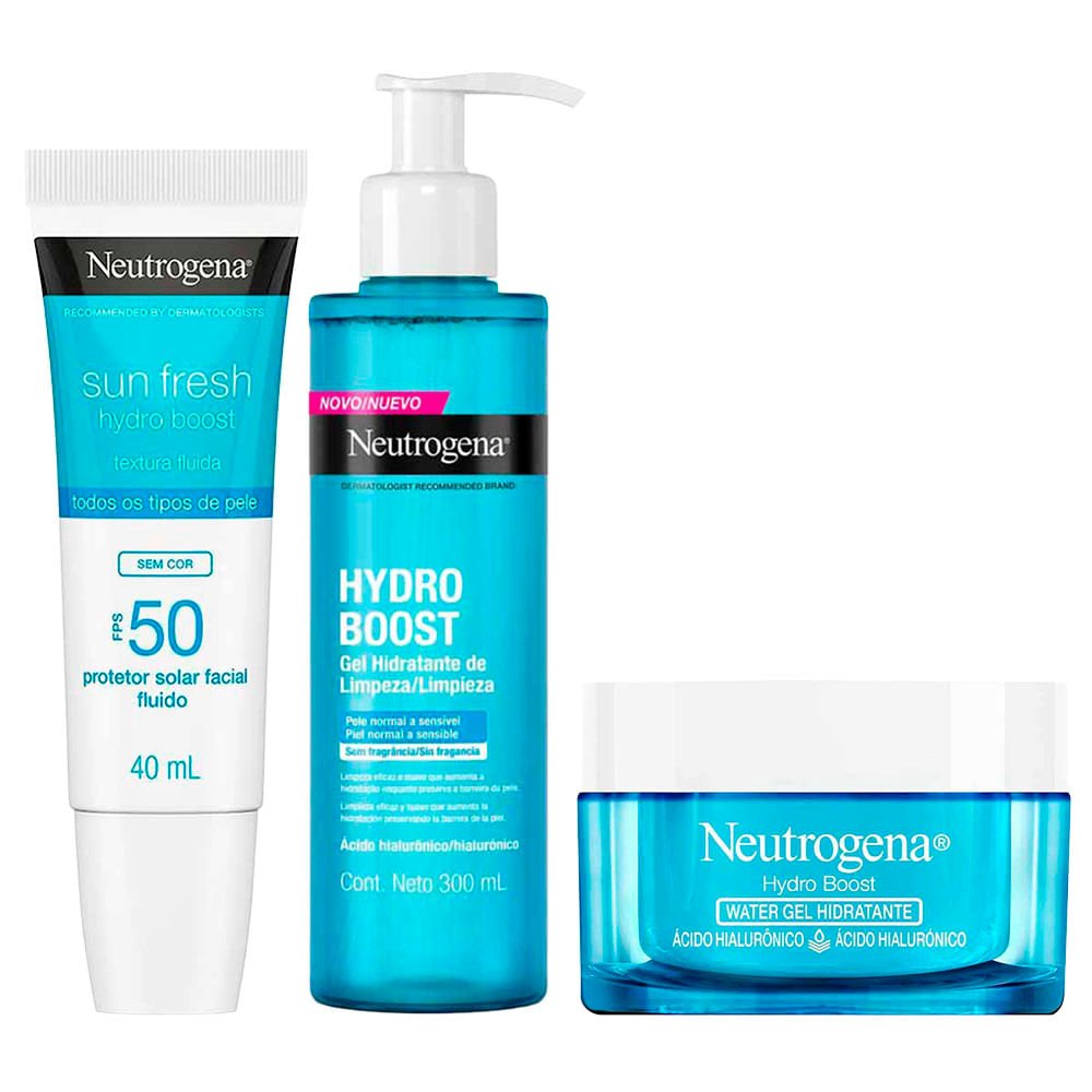 Kit de Hidratação Facial Neutrogena Hydro Boost - Gel de Limpeza + Water Gel + Protetor Solar FPS 50
