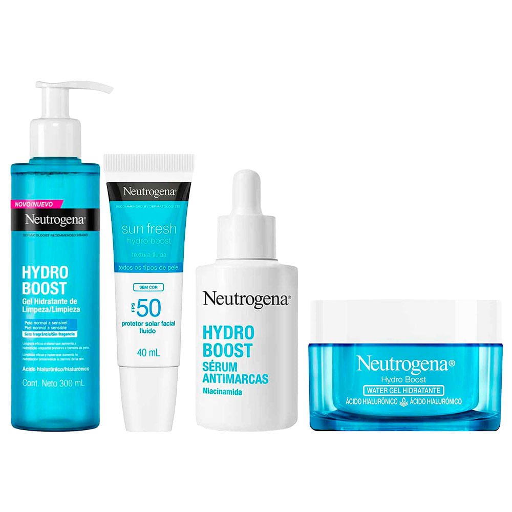 Kit Rotina Facial Completa Neutrogena Hydro Boost - Gel Limpeza + Sérum Antimarcas + Water Gel + Protetor Solar FPS 50