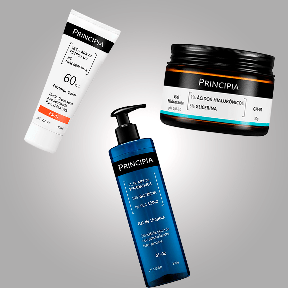 Kit Principia Pele Oleosa: Gel de Limpeza + Gel Hidratante + Protetor Solar FPS 60 ÚNICO 3
