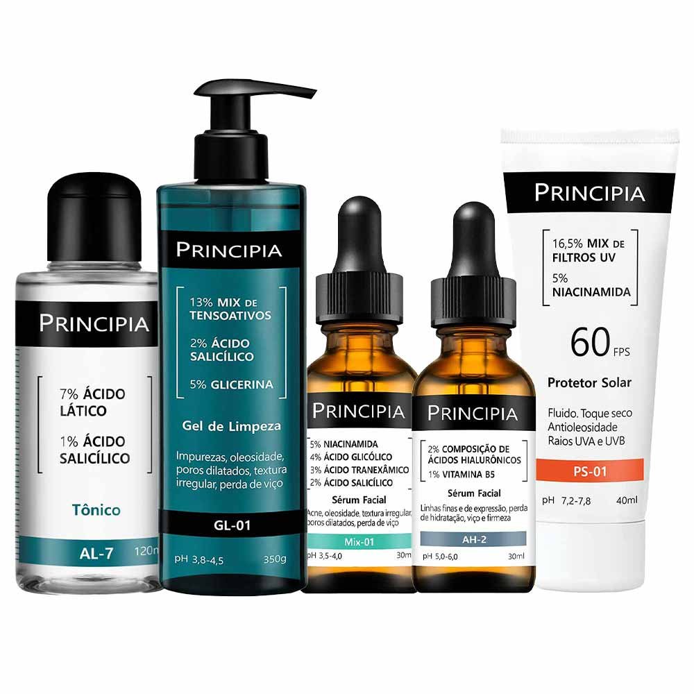 Principia Kit - Protetor Solar FPS60 + Sérum Mix-01 + Tônico + Gel de Limpeza + Sérum AH-2