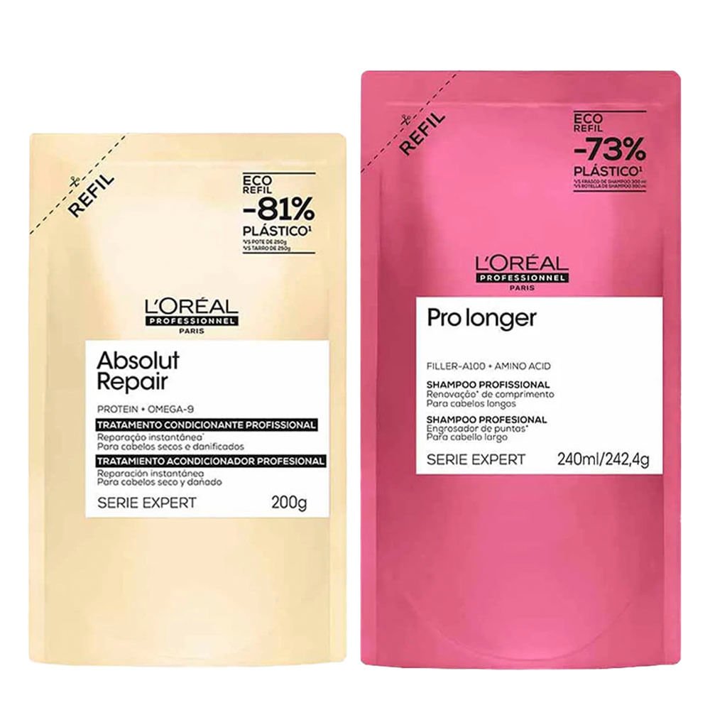 Kit Refil L'oreal Professional – Shampoo Pro Longer + Máscara Absolut Repair Proteína e Ômega 9