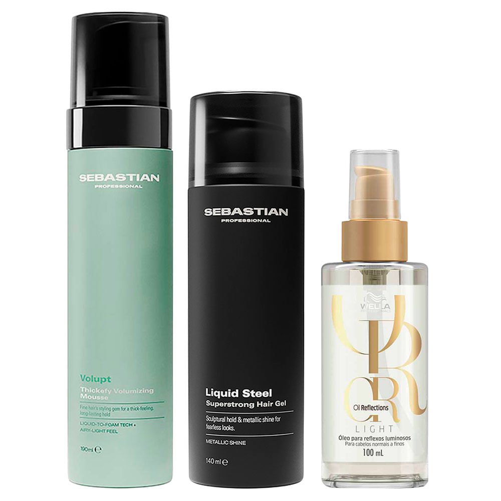 Kit Sebatian - Gel Fixador Liquid Steel + Mousse Sebastian Volupt + Óleo Wella