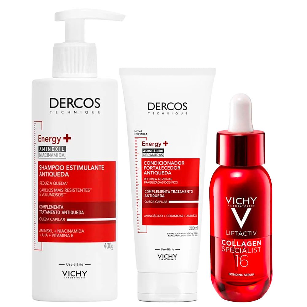 Kit Vichy – Shampoo Dercos Energy Estimulante + Condicionador Energizante Antiqueda + Sérum Facial Liftactiv Colágeno Specialist 16