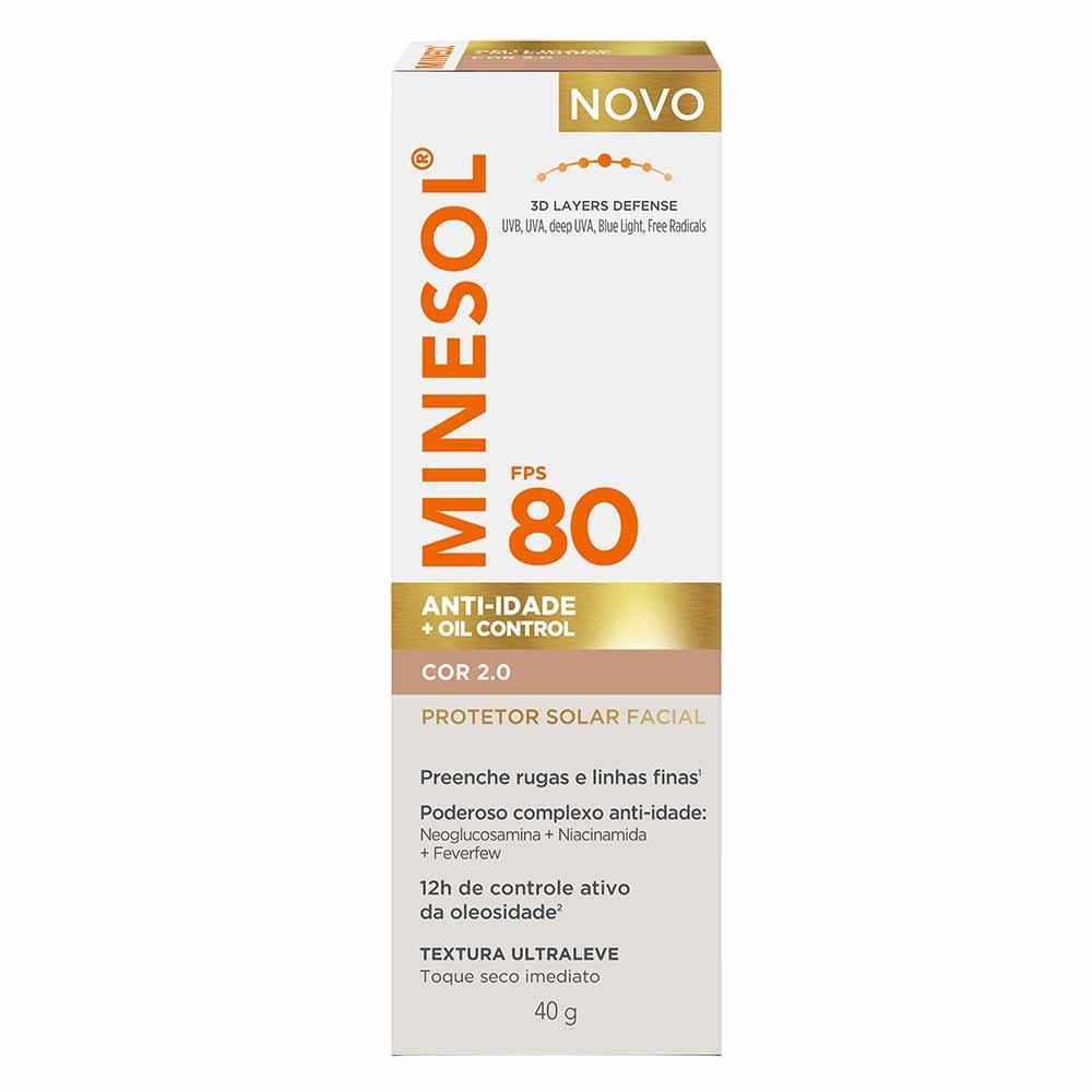 Protetor Solar Facial Minesol Anti-idade + Oil Control FPS 80 Cor 2.0 3
