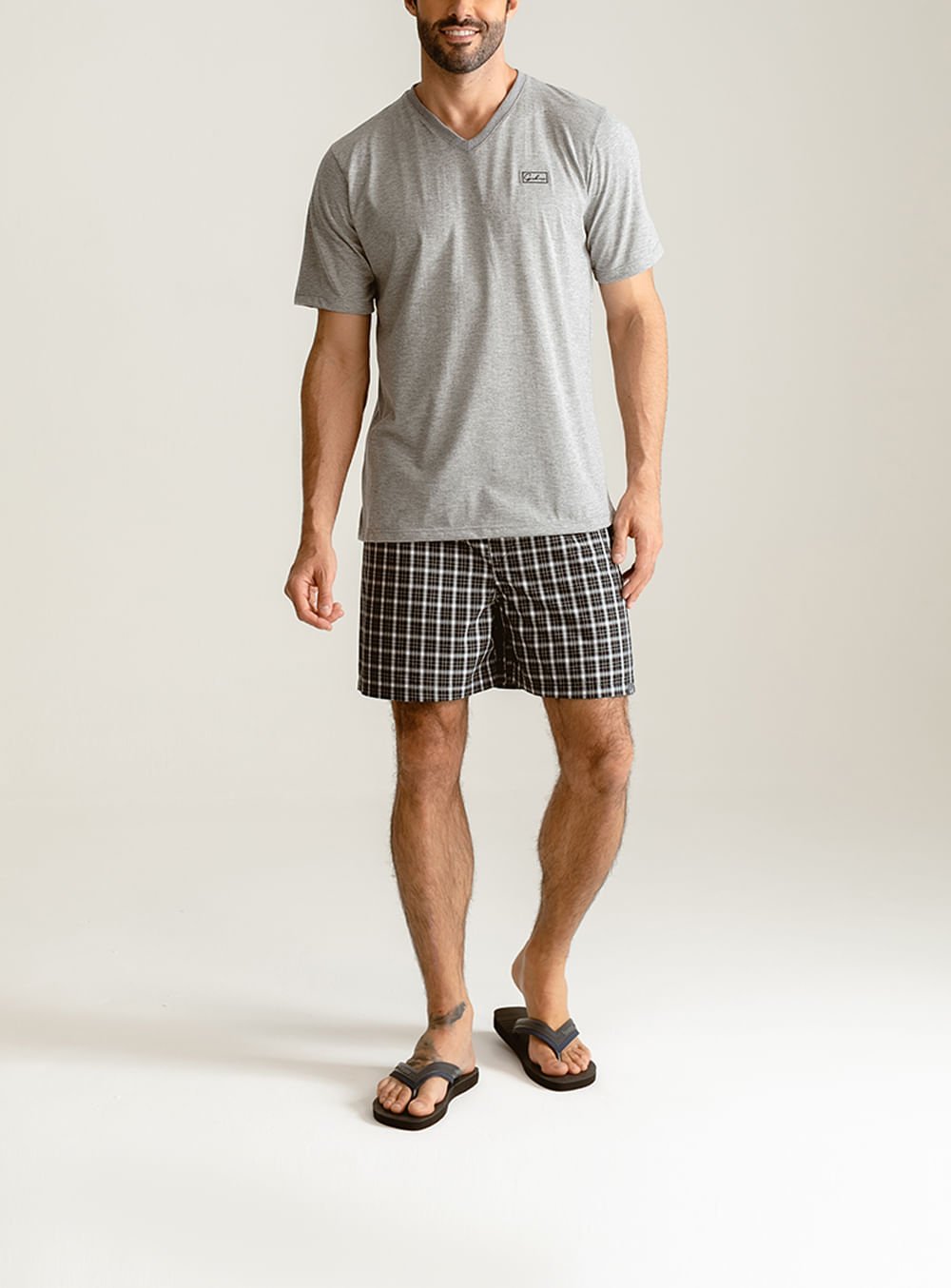 Homens Impressão Xadrez Camiseta & Shorts Conjunto De Pijama