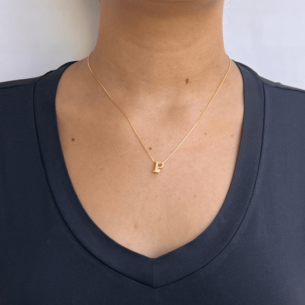 Colar Com Pingente de Letra inicial P Com ponto de luz banhado em ouro 18k cordao Dourado 2