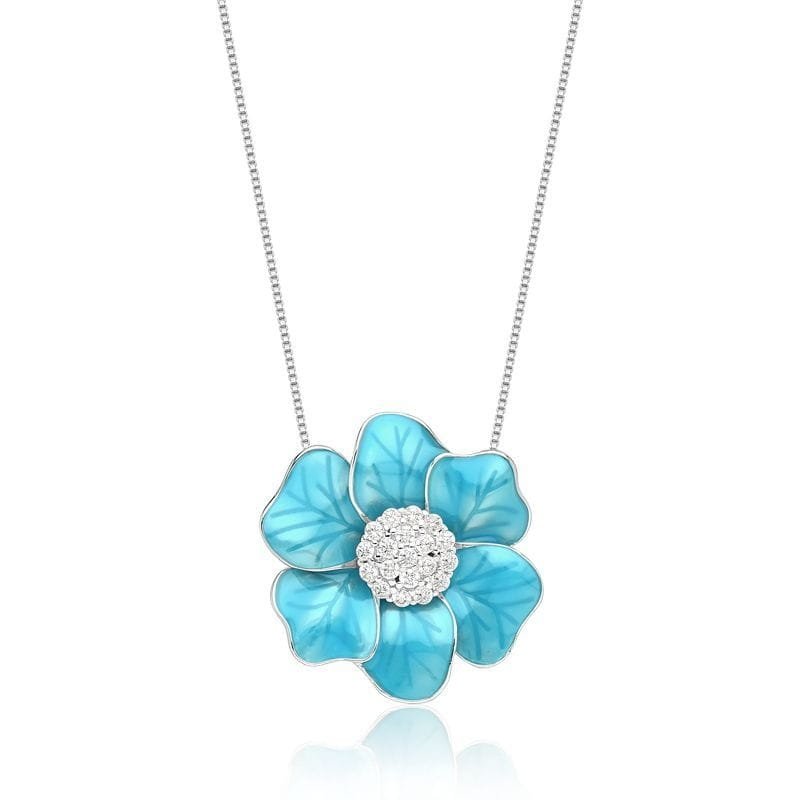 Colar com Pingente Flor Esmaltado na Cor Azul Folheada a Rodio