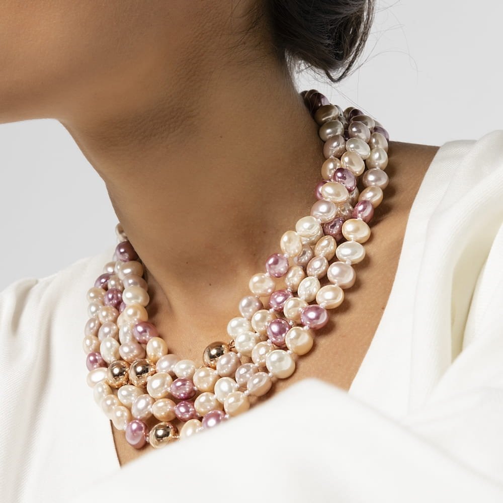 Colar com Perolas Ovais Doris 1cm em Quatro Tons banhado em ouro rose Multicores 2