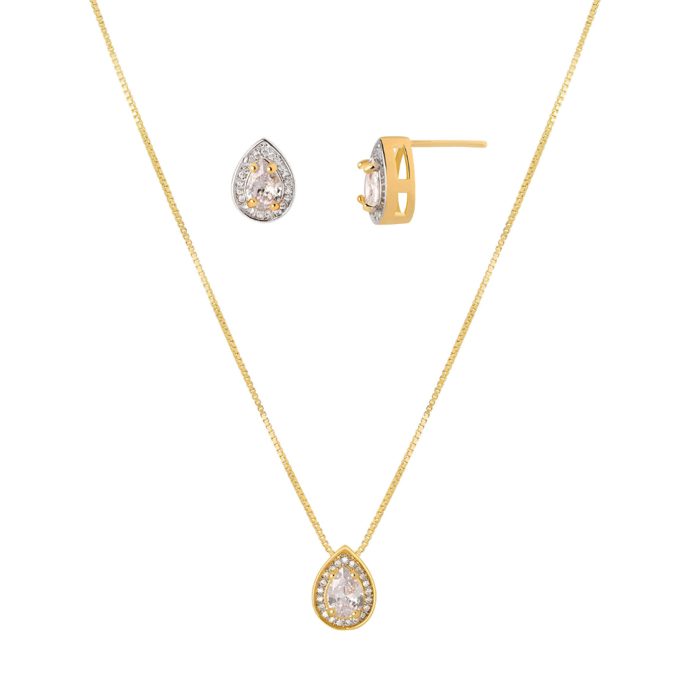 Conjunto Colar e Brinco em gota Luxo com zirconias banhado em ouro 18k Dourado 1
