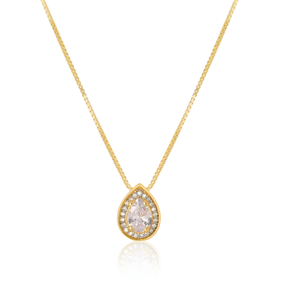 Conjunto Colar e Brinco em gota Luxo com zirconias banhado em ouro 18k Dourado 3