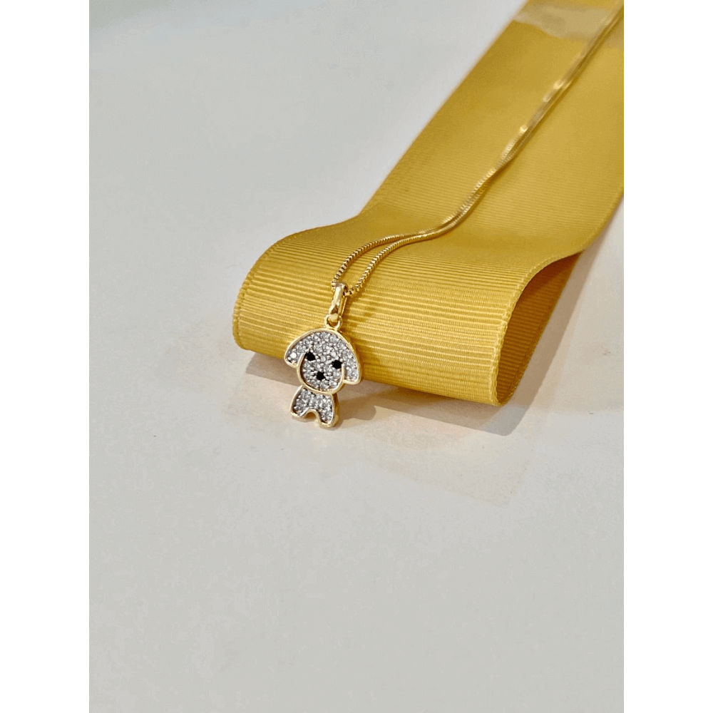 Colar Com Pingente De Cachorro com Zirconias e cristal preto banhado em ouro 18k Pet cordao Dourado 3