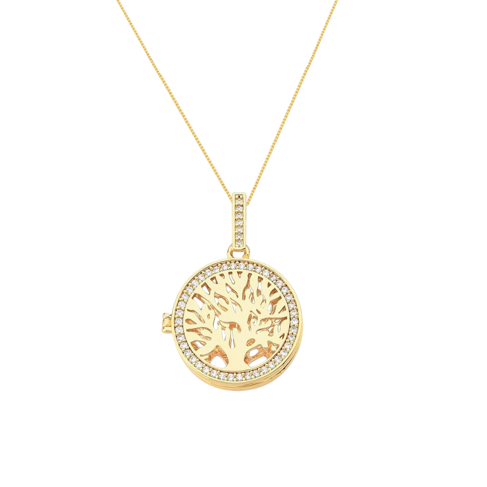 Colar Relicario Arvore da Vida banhado em ouro 18k com zirconias - corrente 45cm + 5cm Dourado 1