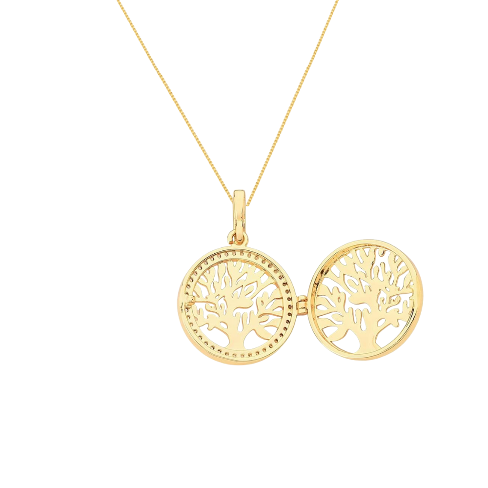 Colar Relicario Arvore da Vida banhado em ouro 18k com zirconias - corrente 45cm + 5cm Dourado 2