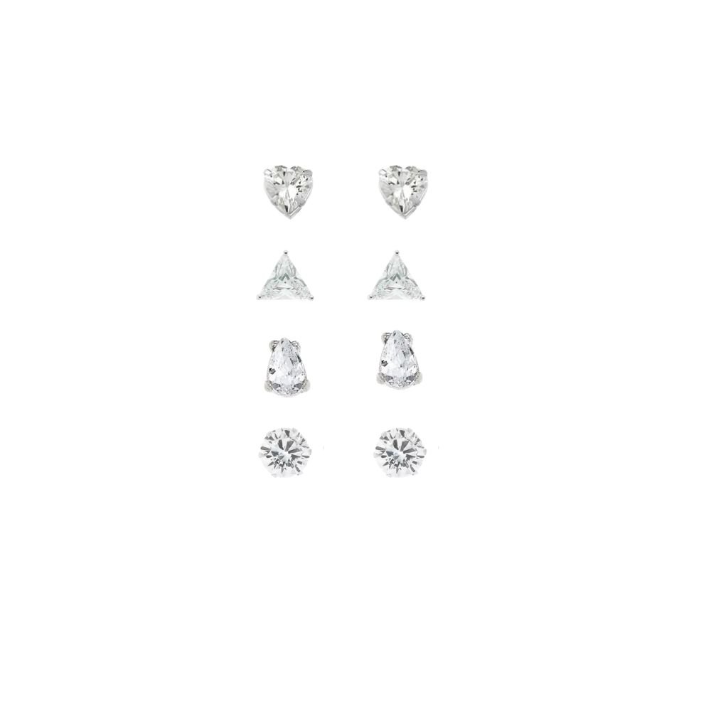 Kit 4 pares de brincos ponto de luz coracao, gota, redondo e triangulo banhado em rodio Prata 1