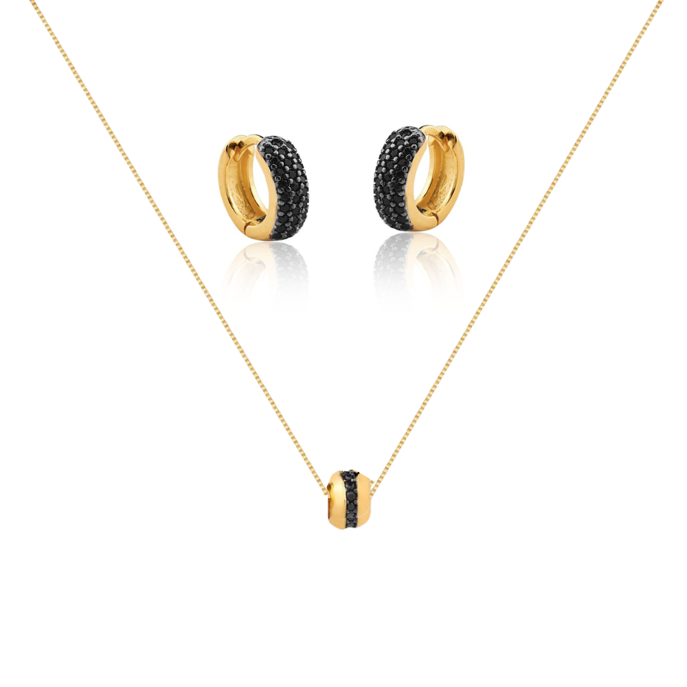Conjunto Colar e Brinco Arabella com zirconias cor preta e cristal banhado Ouro 18k Dourado 1