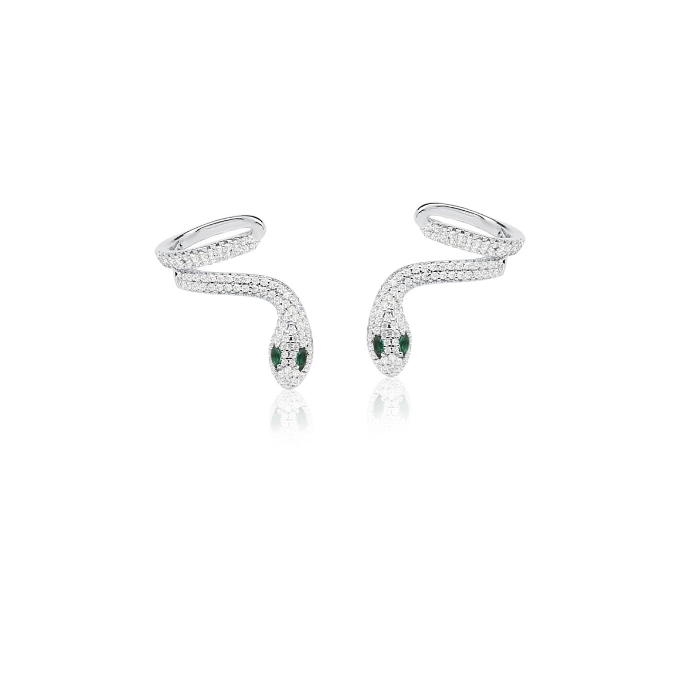Brinco Ear Cuff de Serpente com zirconia e cristal verde em rodio cobra Prata 1