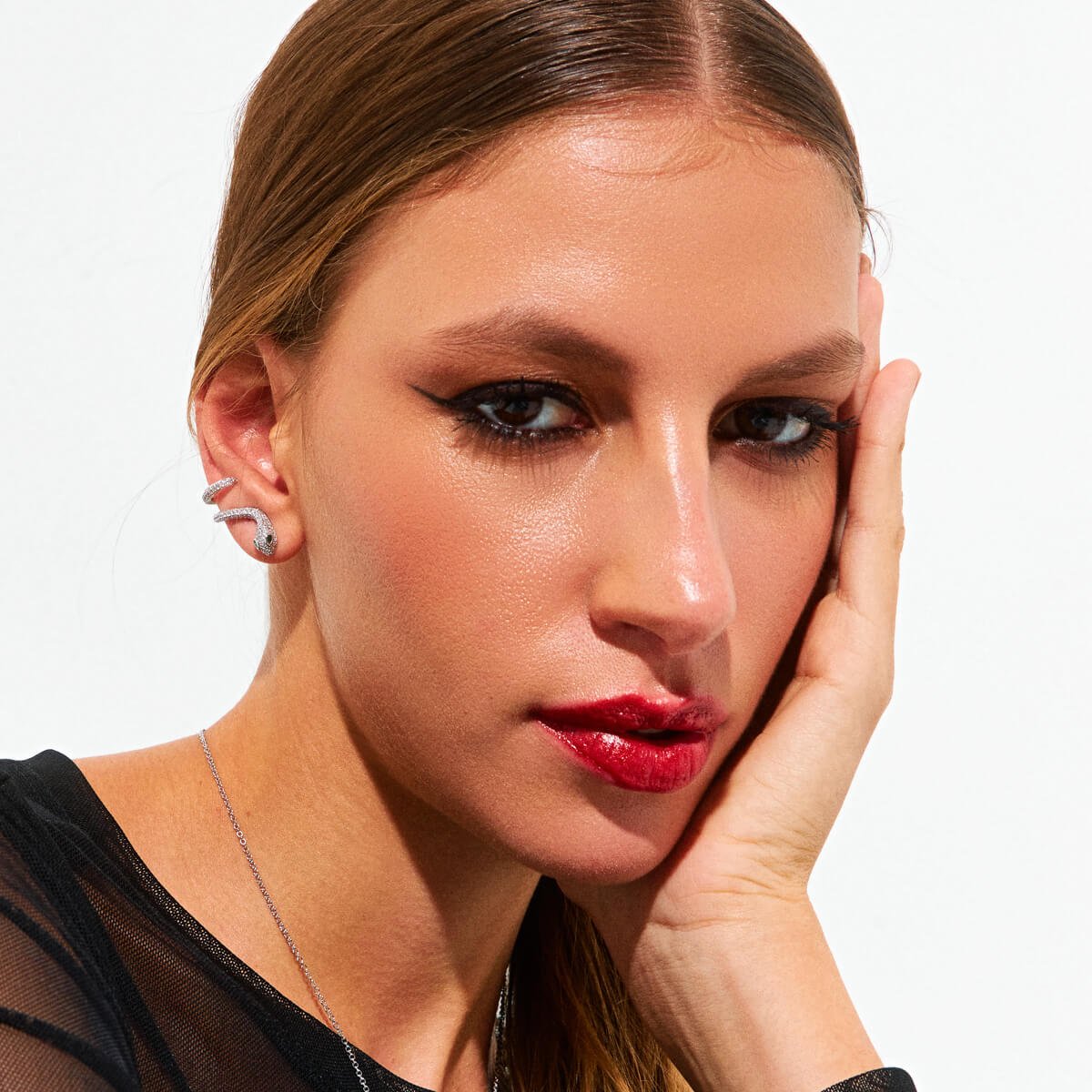 Brinco Ear Cuff de Serpente com zirconia e cristal verde em rodio cobra Prata 3