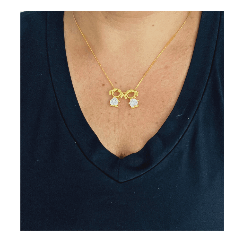 Colar mae e filhas duas meninas cristal banhado ouro Dourado 2